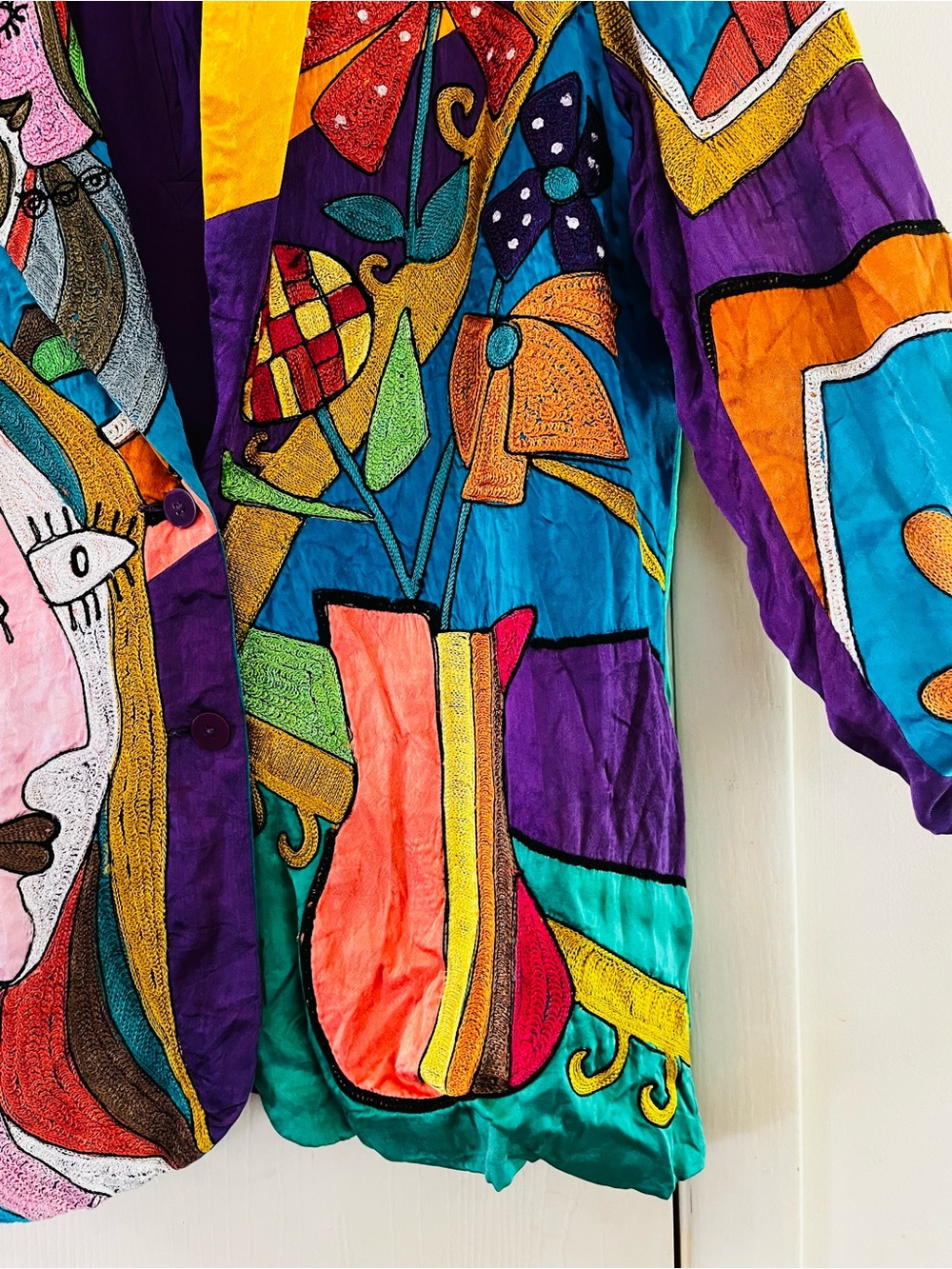 VTG Sandy Starkman Wearable Art Silk Picasso Inspired Boho Maximalism Jacket M - Picture 10 of 12